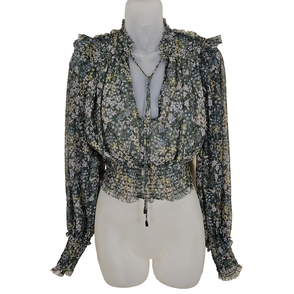 Free People Twyla Floral Sheer Blouse Women XS Ruffled Smocked Green Cottagecore